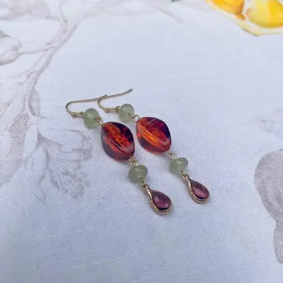 Amber Garnet Wine Red Crystal Glass Cantaloupe Fruit Green Casual Earrings - Picture 4 of 6